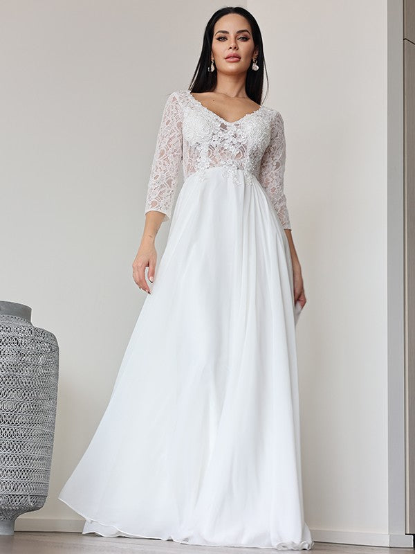 A-Linie/Princess-Linie Chiffon Spitze V-Ausschnitt 3/4 Ärmel Bodenlang Brautkleider Brautkleider