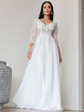 A-Linie/Princess-Linie Chiffon Spitze V-Ausschnitt 3/4 Ärmel Bodenlang Brautkleider Brautkleider