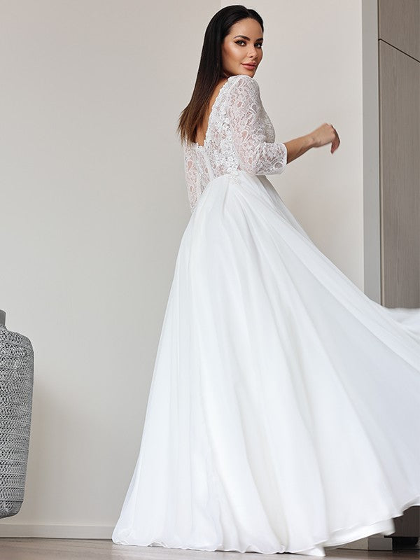 A-Linie/Princess-Linie Chiffon Spitze V-Ausschnitt 3/4 Ärmel Bodenlang Brautkleider Brautkleider