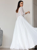 A-Linie/Princess-Linie Chiffon Spitze V-Ausschnitt 3/4 Ärmel Bodenlang Brautkleider Brautkleider
