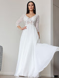 A-Linie/Princess-Linie Chiffon Spitze V-Ausschnitt 3/4 Ärmel Bodenlang Brautkleider Brautkleider