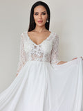 A-Linie/Princess-Linie Chiffon Spitze V-Ausschnitt 3/4 Ärmel Bodenlang Brautkleider Brautkleider
