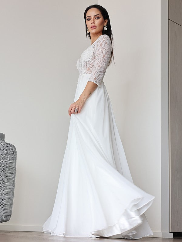 A-Linie/Princess-Linie Chiffon Spitze V-Ausschnitt 3/4 Ärmel Bodenlang Brautkleider Brautkleider