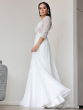 A-Linie/Princess-Linie Chiffon Spitze V-Ausschnitt 3/4 Ärmel Bodenlang Brautkleider Brautkleider