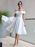 A-Linie/Princess-Linie Satin Rüschen Off-the-Shoulder Ärmellos Wadenlang Brautkleider Brautkleider