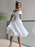 A-Linie/Princess-Linie Satin Rüschen Off-the-Shoulder Ärmellos Wadenlang Brautkleider Brautkleider