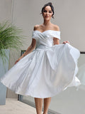 A-Linie/Princess-Linie Satin Rüschen Off-the-Shoulder Ärmellos Wadenlang Brautkleider Brautkleider