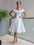 A-Linie/Princess-Linie Satin Rüschen Off-the-Shoulder Ärmellos Wadenlang Brautkleider Brautkleider