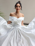 A-Linie/Princess-Linie Satin Rüschen Off-the-Shoulder Ärmellos Wadenlang Brautkleider Brautkleider