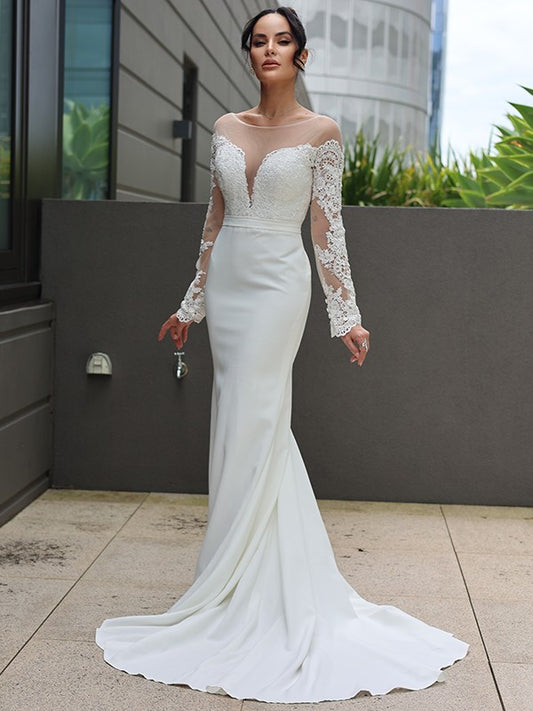 Sheath/Column Stretch Crepe Lace Scoop Long Sleeves Sweep/Brush Train Wedding Dresses Bridal Gowns