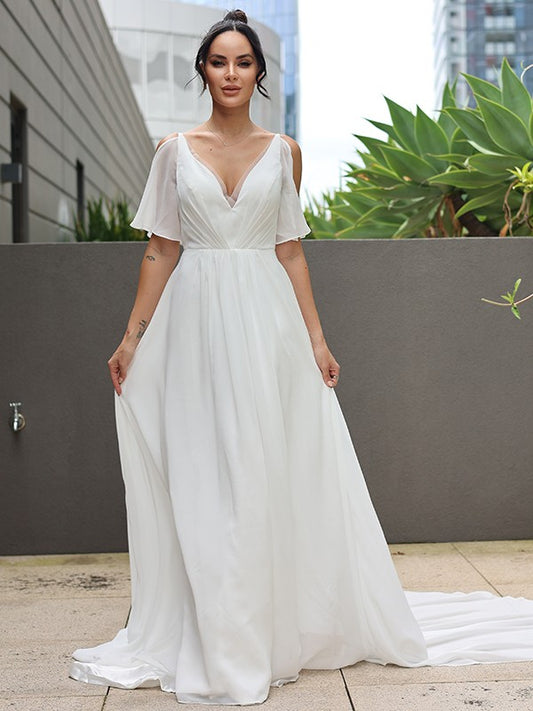 A-Linie/Princess-Linie Chiffon Rüschen V-Ausschnitt Ärmellos Sweep/Pinsel zug Brautkleider