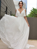 A-Linie/Princess-Linie Chiffon Rüschen V-Ausschnitt Ärmellos Sweep/Pinsel zug Brautkleider