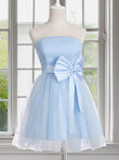 Vestido de fiesta de graduación, corte A/princesa, de tul, con lazo, sin tirantes, sin mangas, corto/mini
