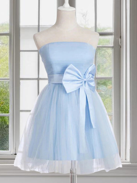 Vestido de fiesta de graduación, corte A/princesa, de tul, con lazo, sin tirantes, sin mangas, corto/mini