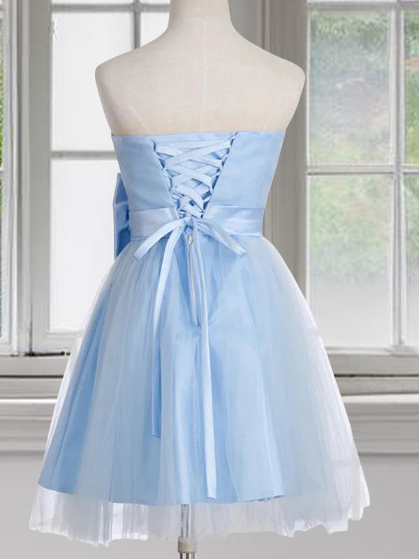 Vestido de fiesta de graduación, corte A/princesa, de tul, con lazo, sin tirantes, sin mangas, corto/mini