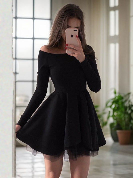 Vestido de fiesta de graduación, corte A/princesa, de crepé elástico, fruncido, hombros descubiertos, manga larga, corto/mini