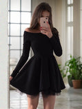 Vestido de fiesta de graduación, corte A/princesa, de crepé elástico, fruncido, hombros descubiertos, manga larga, corto/mini