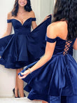 Vestido de fiesta de graduación, corte A/princesa, de satén, con capas, hombros descubiertos, sin mangas, corto/mini