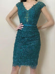Sheath/Column Lace Sash/Ribbon/Belt V-neck Short Sleeves Knee-Length Mother of the Bride Dresses