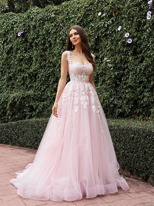 A-Linie/Princess-Linie Tüll Applikationen Träger Ärmellos Sweep/Pinsel zug Brautkleider