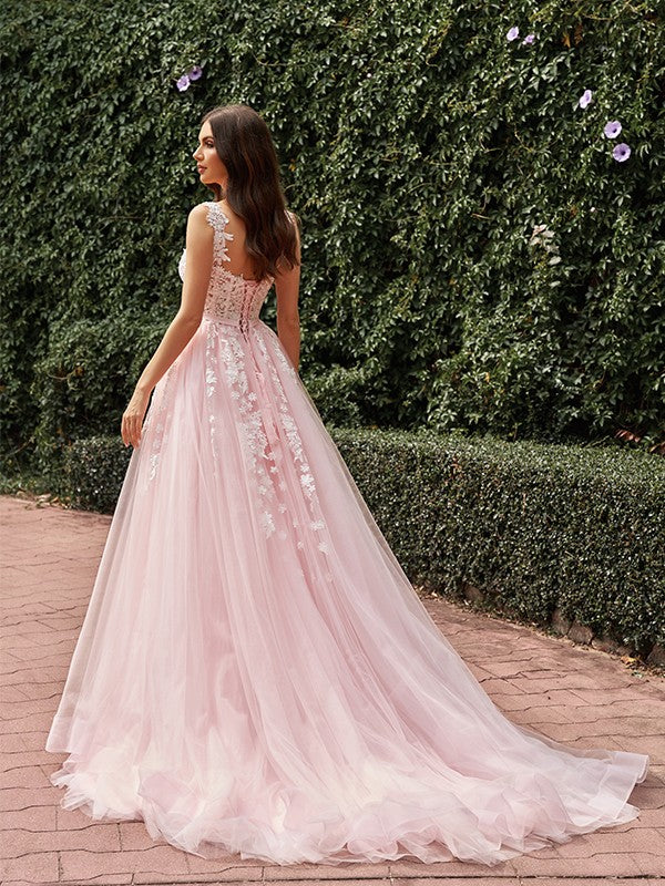 A-Linie/Princess-Linie Tüll Applikationen Träger Ärmellos Sweep/Pinsel zug Brautkleider