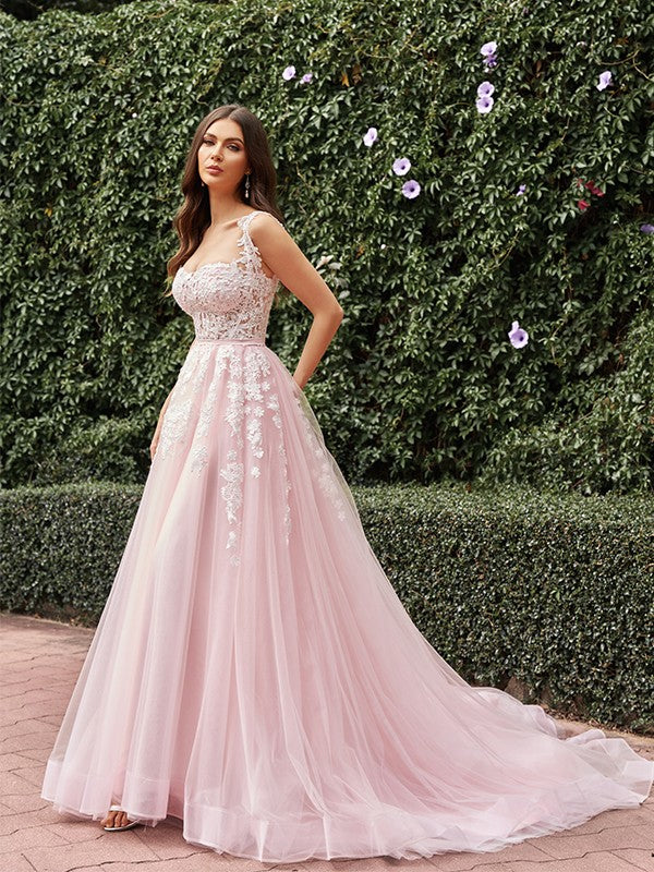 A-Linie/Princess-Linie Tüll Applikationen Träger Ärmellos Sweep/Pinsel zug Brautkleider