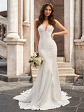 Trumpet/Mermaid Stretch Crepe V-neck Ruffles Sleeveless Chapel Train Wedding Dresses Bridal Gowns