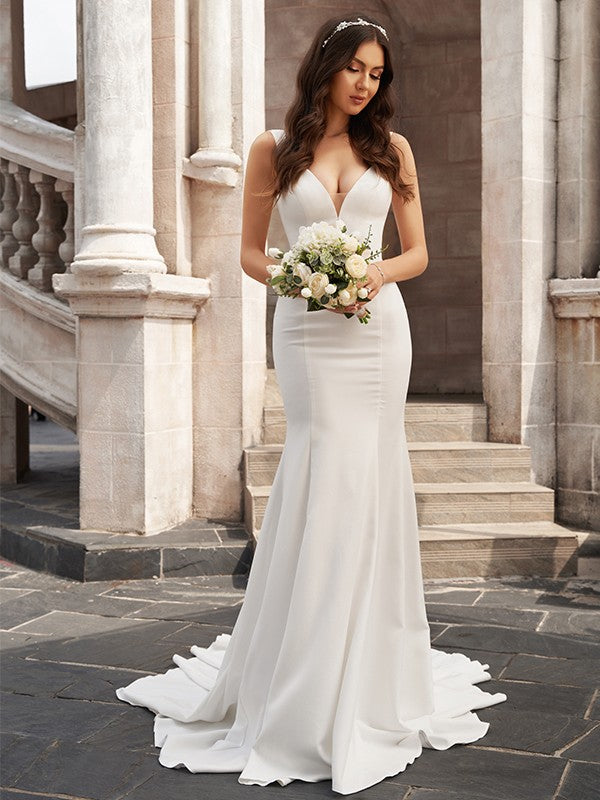 Trumpet/Mermaid Stretch Crepe V-neck Ruffles Sleeveless Chapel Train Wedding Dresses Bridal Gowns
