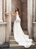 Trumpet/Mermaid Stretch Crepe V-neck Ruffles Sleeveless Chapel Train Wedding Dresses Bridal Gowns