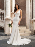 Trumpet/Mermaid Stretch Crepe V-neck Ruffles Sleeveless Chapel Train Wedding Dresses Bridal Gowns