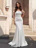 Trumpet/Mermaid Stretch Crepe Off-the-Shoulder Ruched Sleeveless Court Train Wedding Dresses Bridal Gowns