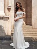 Trumpet/Mermaid Stretch Crepe Off-the-Shoulder Ruched Sleeveless Court Train Wedding Dresses Bridal Gowns