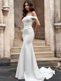 Trumpet/Mermaid Stretch Crepe Off-the-Shoulder Ruched Sleeveless Court Train Wedding Dresses Bridal Gowns