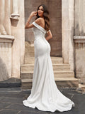 Trumpet/Mermaid Stretch Crepe Off-the-Shoulder Ruched Sleeveless Court Train Wedding Dresses Bridal Gowns