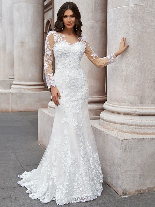 Trumpet/Mermaid Tulle Applique Scoop Long Sleeves Sweep/Brush Train Wedding Dresses Bridal Gowns