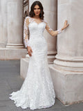 Trumpet/Mermaid Tulle Applique Scoop Long Sleeves Sweep/Brush Train Wedding Dresses Bridal Gowns