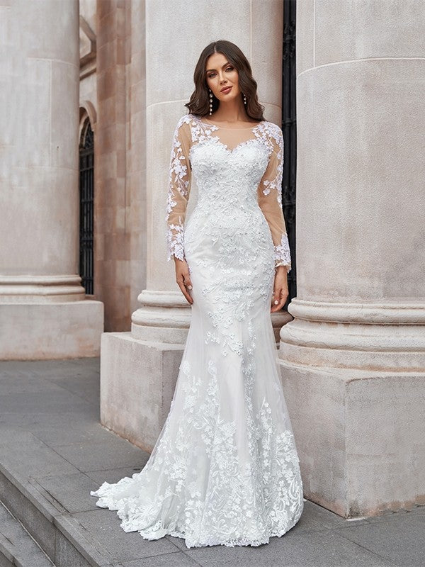 Trumpet/Mermaid Tulle Applique Scoop Long Sleeves Sweep/Brush Train Wedding Dresses Bridal Gowns