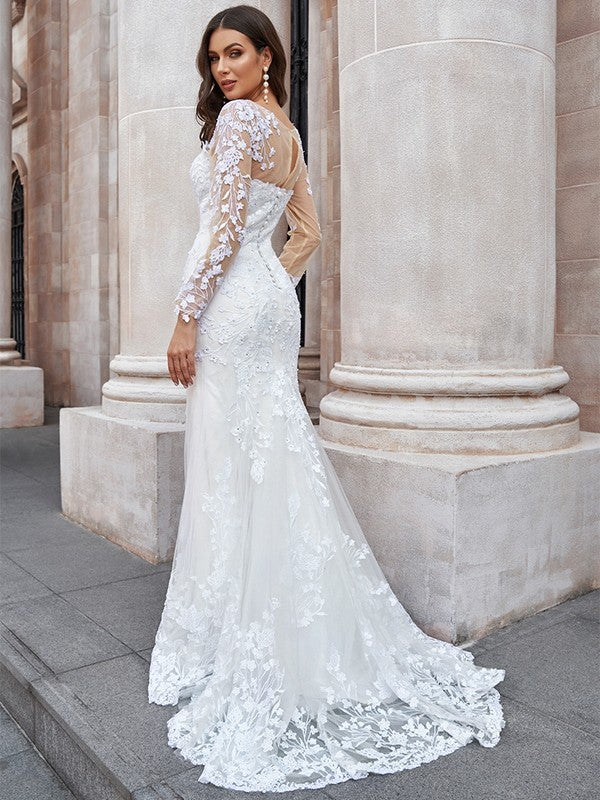 Trumpet/Mermaid Tulle Applique Scoop Long Sleeves Sweep/Brush Train Wedding Dresses Bridal Gowns