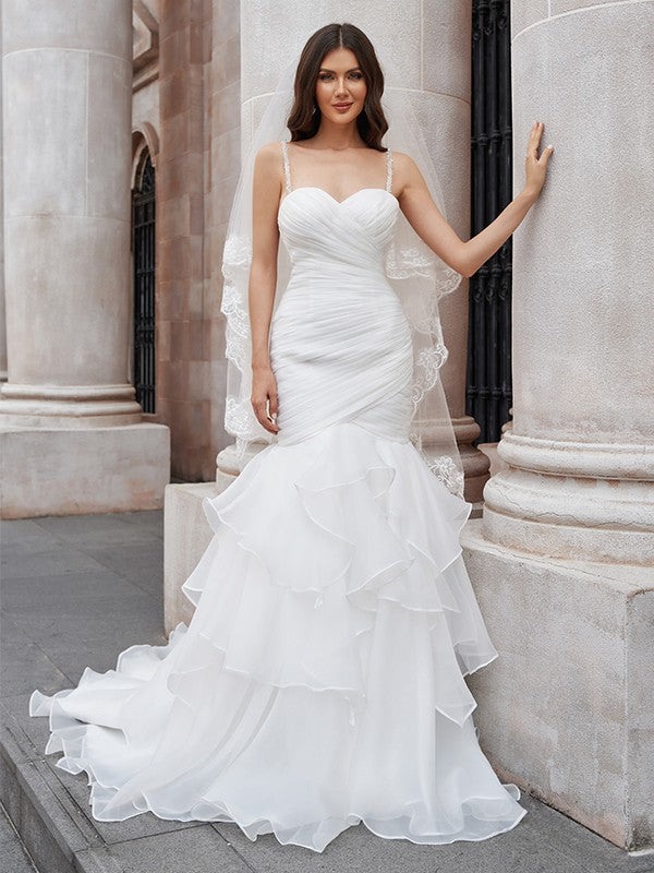 Trumpet/Mermaid Layers Spaghetti Straps Organza Sleeveless Sweep/Brush Train Wedding Dresses Bridal Gowns