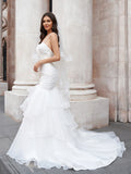 Trumpet/Mermaid Layers Spaghetti Straps Organza Sleeveless Sweep/Brush Train Wedding Dresses Bridal Gowns