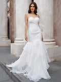 Trumpet/Mermaid Layers Spaghetti Straps Organza Sleeveless Sweep/Brush Train Wedding Dresses Bridal Gowns