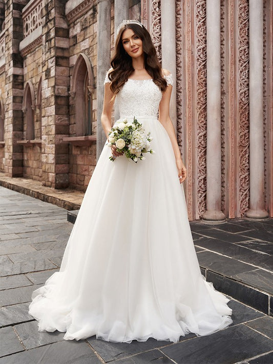 A-Line/Princess Applique Off-the-Shoulder Sleeveless Tulle Chapel Train Wedding Dresses Bridal Gowns