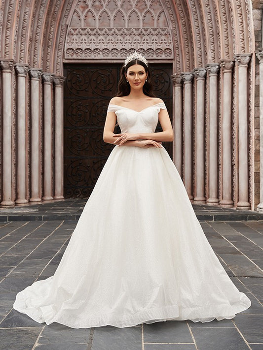 Ballkleid Tüll Geraffte Off-the-Shoulder Ärmellose Hofschleppe Brautkleider Brautkleider