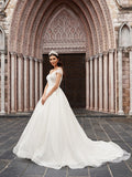 Ballkleid Tüll Geraffte Off-the-Shoulder Ärmellose Hofschleppe Brautkleider Brautkleider