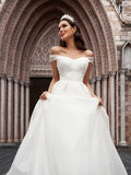 Ballkleid Tüll Geraffte Off-the-Shoulder Ärmellose Hofschleppe Brautkleider Brautkleider
