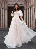 A-Line/Princess Tulle Applique V-neck 1/2 Sleeves Court Train Wedding Dresses Bridal Gowns