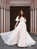 A-Line/Princess Tulle Applique V-neck 1/2 Sleeves Court Train Wedding Dresses Bridal Gowns