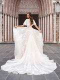 A-Line/Princess Tulle Applique V-neck 1/2 Sleeves Court Train Wedding Dresses Bridal Gowns