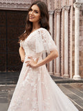 A-Line/Princess Tulle Applique V-neck 1/2 Sleeves Court Train Wedding Dresses Bridal Gowns