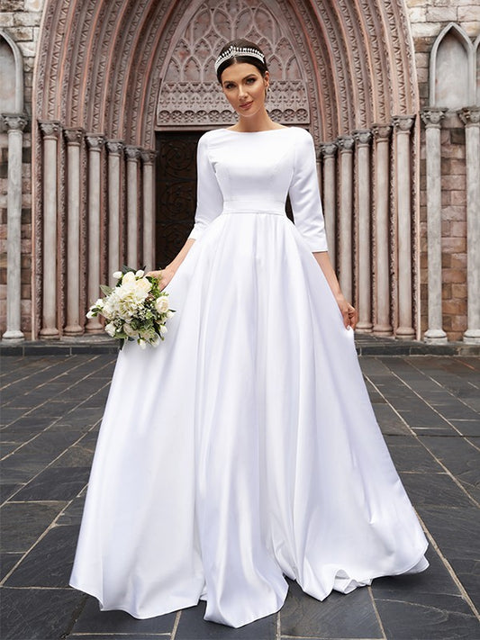 A-Linie/Princess-Linie Satin Schleife Bateau-Ausschnitt 3/4-Ärmel Sweep/Pinsel Zug Brautkleider Brautkleider
